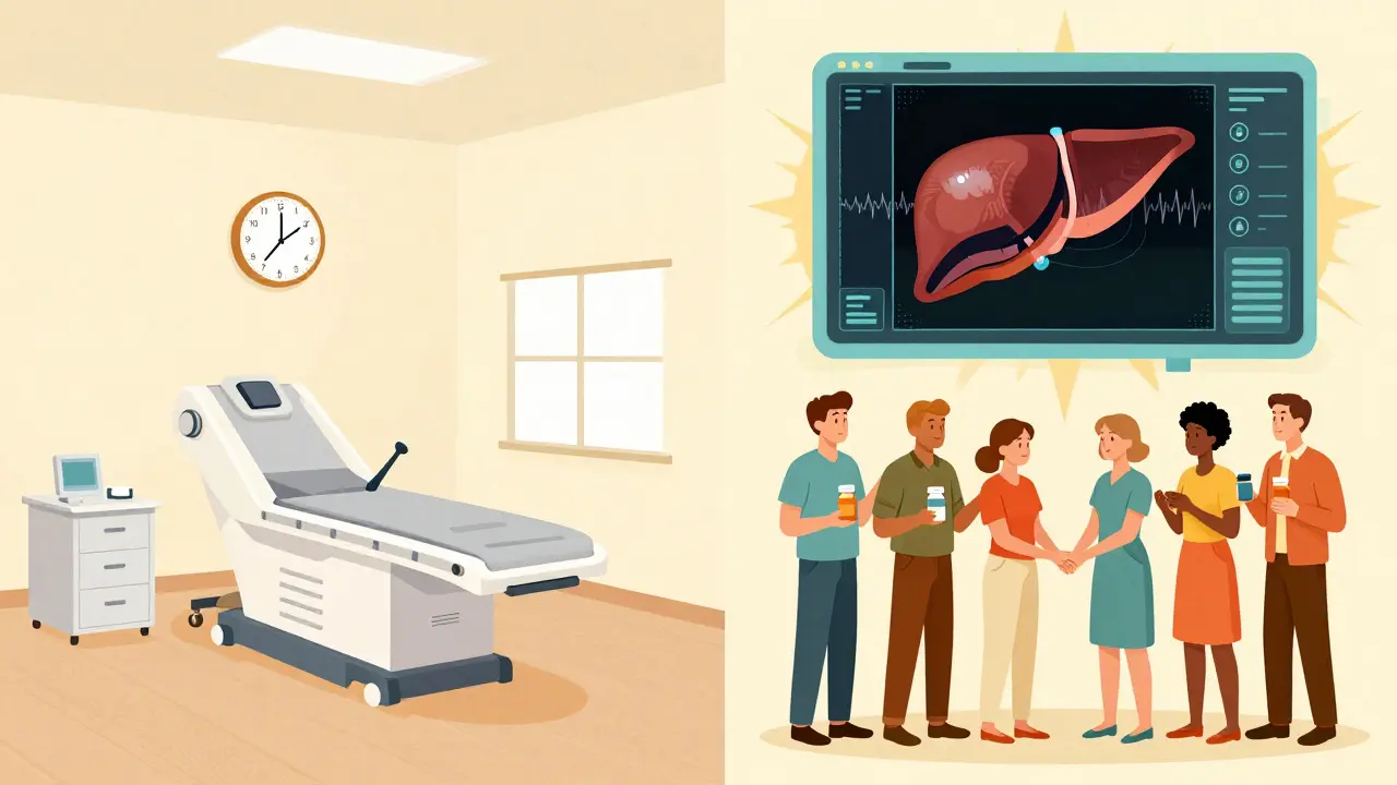 Split scene of delayed care in rural clinic versus AI diagnosis, with patients holding meds, all in minimalist 1960s design.