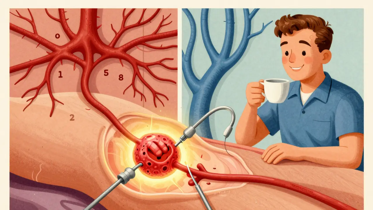 Surgical removal of a tumor with before-and-after contrast, showing return to calm health.