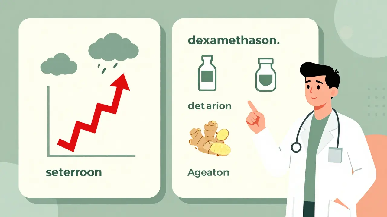 Two side-by-side medical charts: one with dangerous drug interactions in red, the other with safe alternatives like dexamethasone and ginger, shown as minimalist icons.