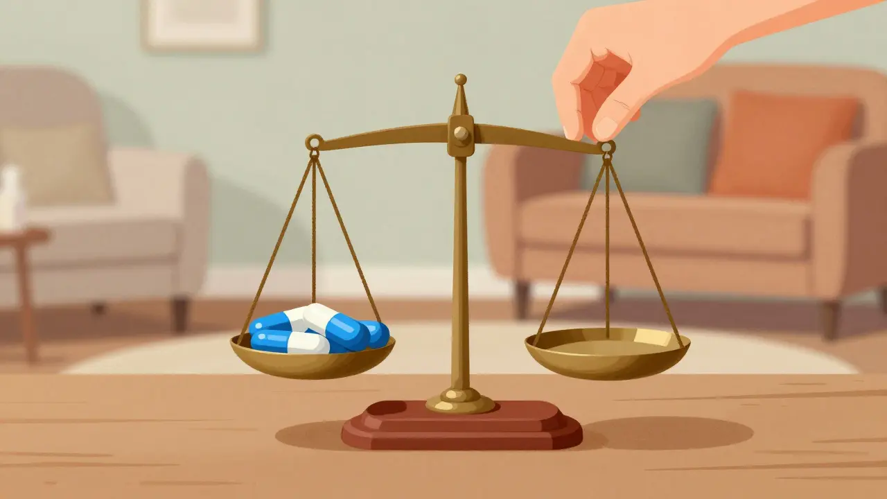 Vintage scales balancing medicine pills to represent safe tapering process