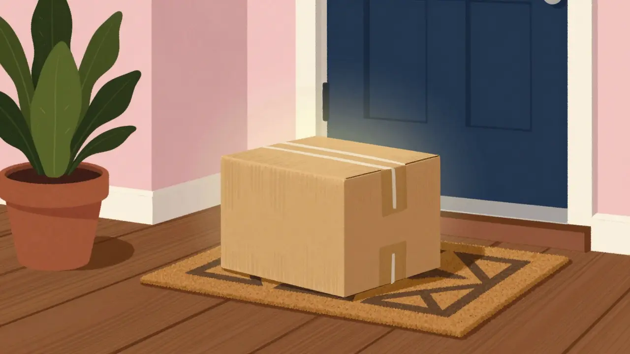 A delivery package on a doorstep in a mid-century modern illustration style