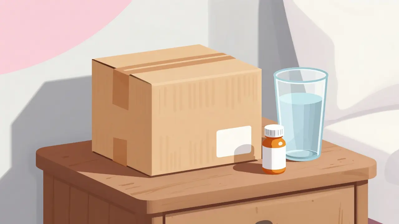 A medication package and pill bottle on a retro table