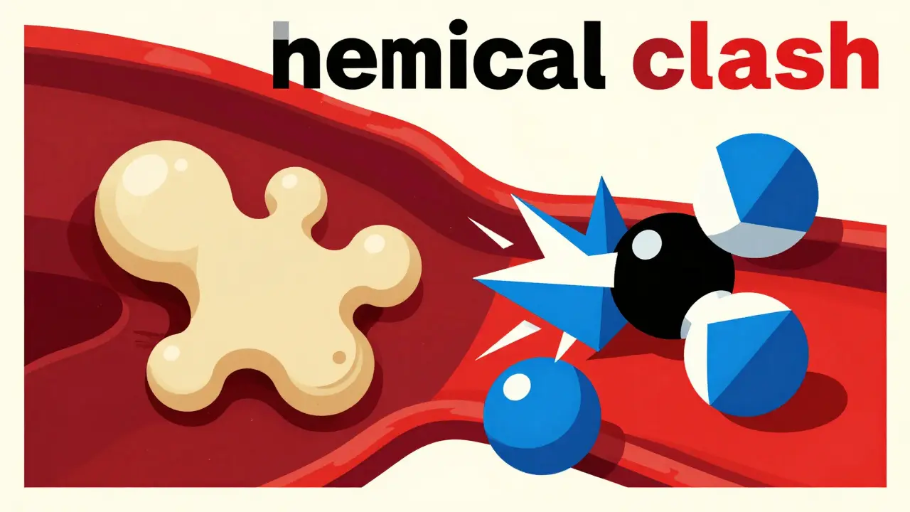 Abstract illustration of two different drug molecules colliding in a bloodstream.