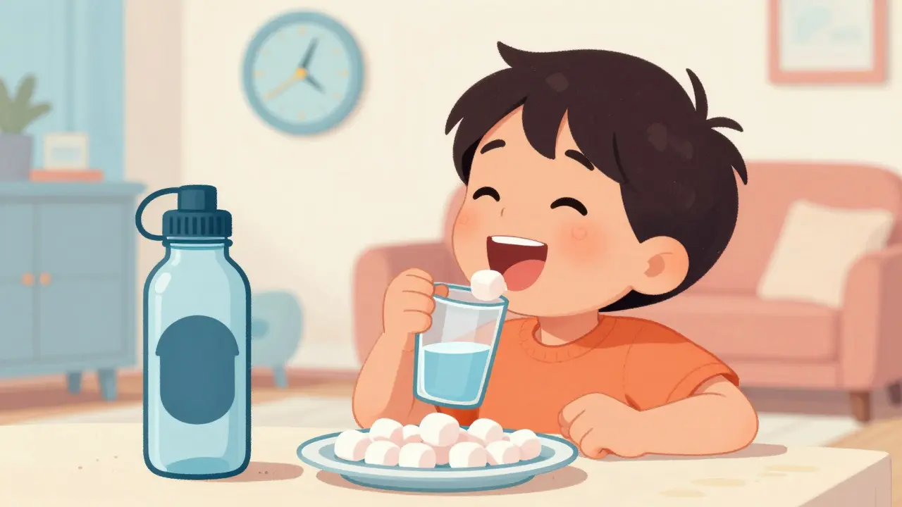 Child practicing swallowing small marshmallows with a glass of water