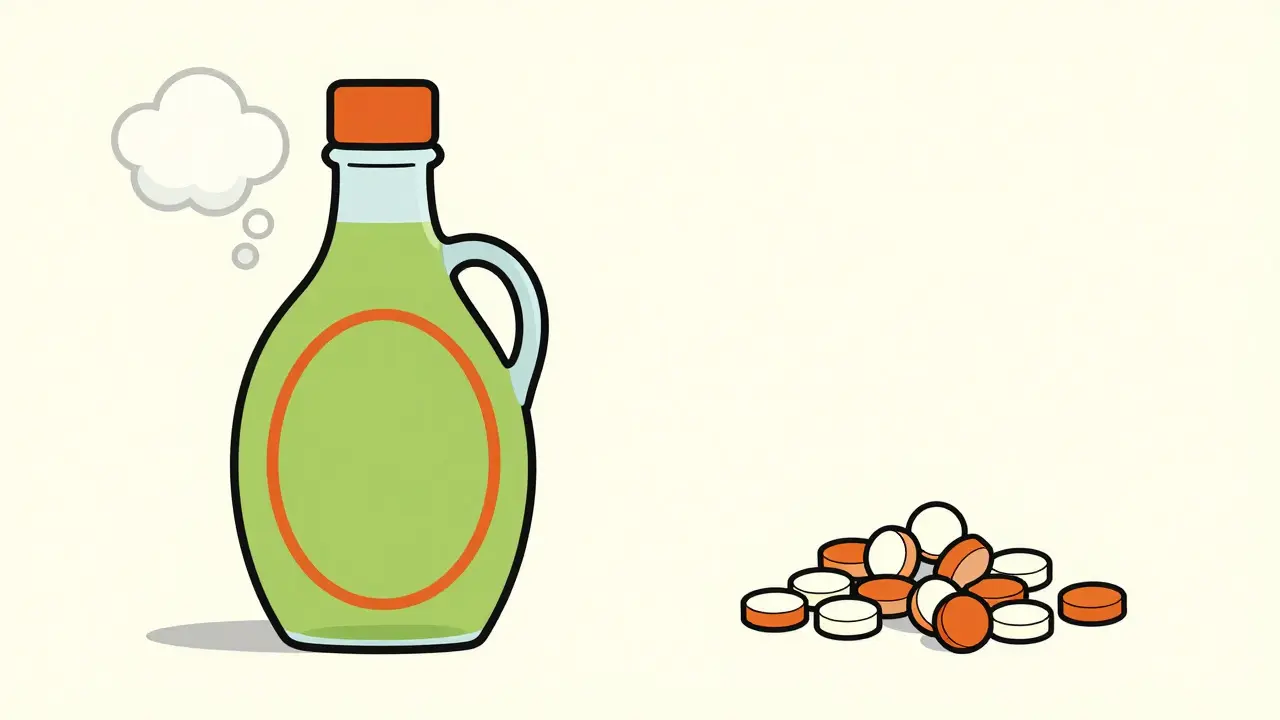 Comparison between a liquid medication bottle and small pediatric mini-tablets