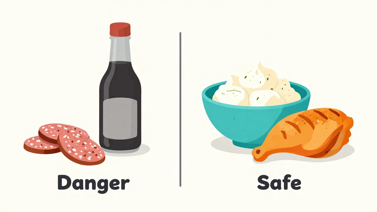 Comparison between high-tyramine cured meats and safe fresh cheeses and poultry.