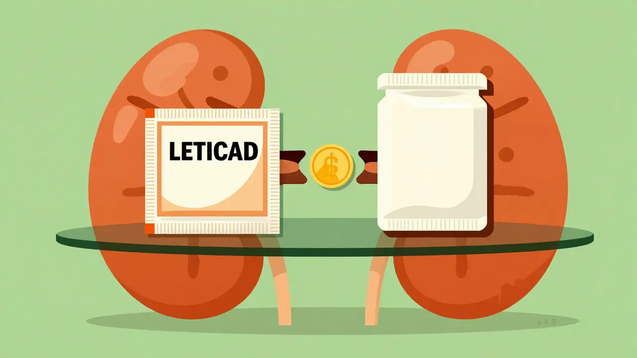 Comparison of brand name and generic medication on a stylized mid-century table