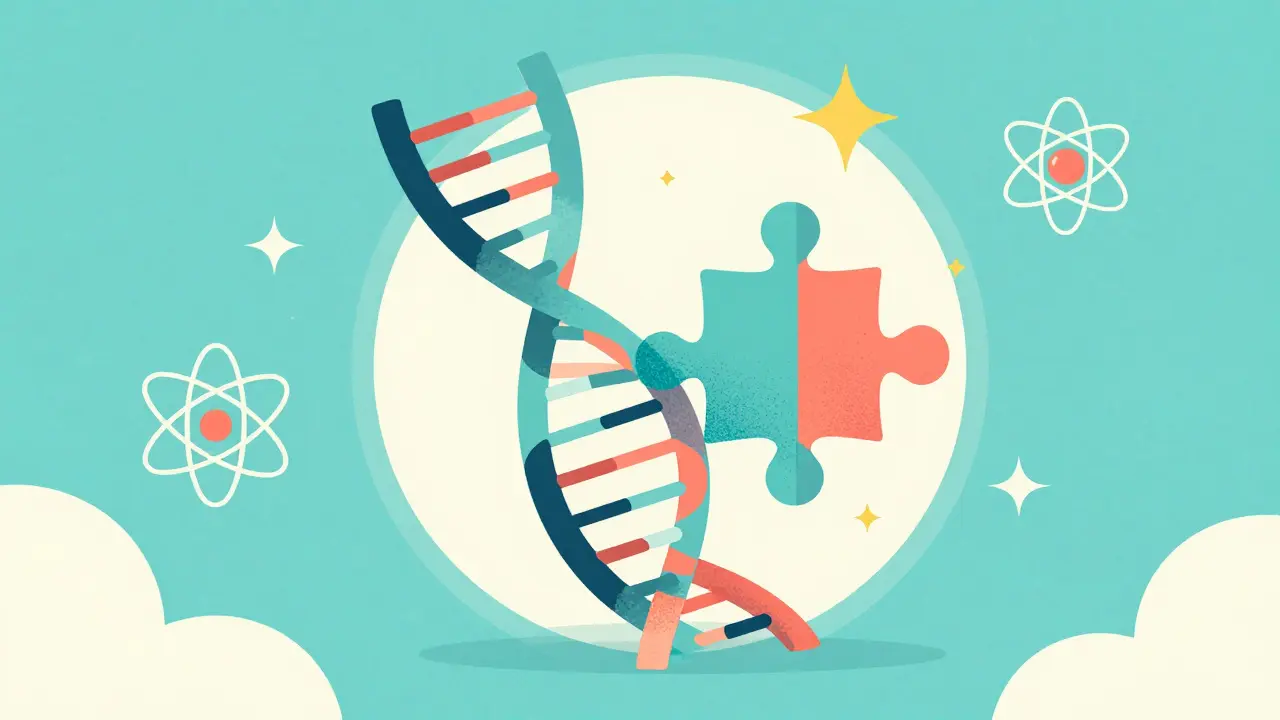 Conceptual vintage illustration of a DNA helix and puzzle piece representing precision medicine