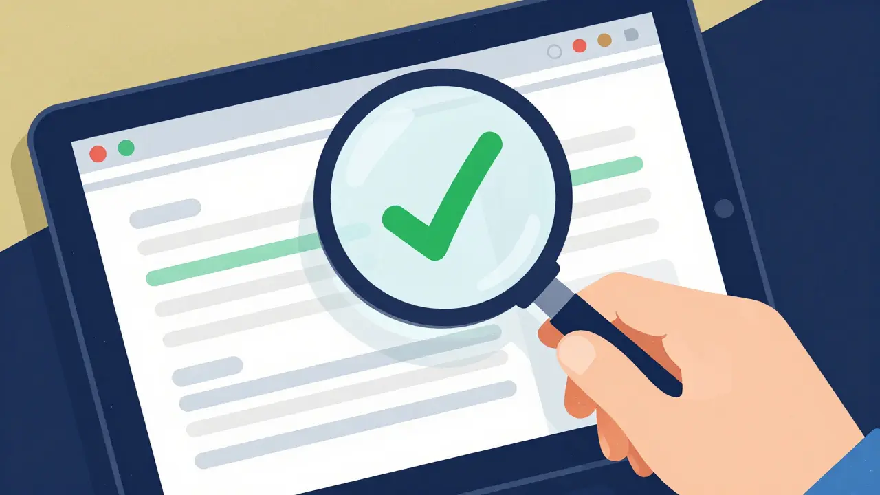 Hand using a magnifying glass to verify an online pharmacy on a tablet screen