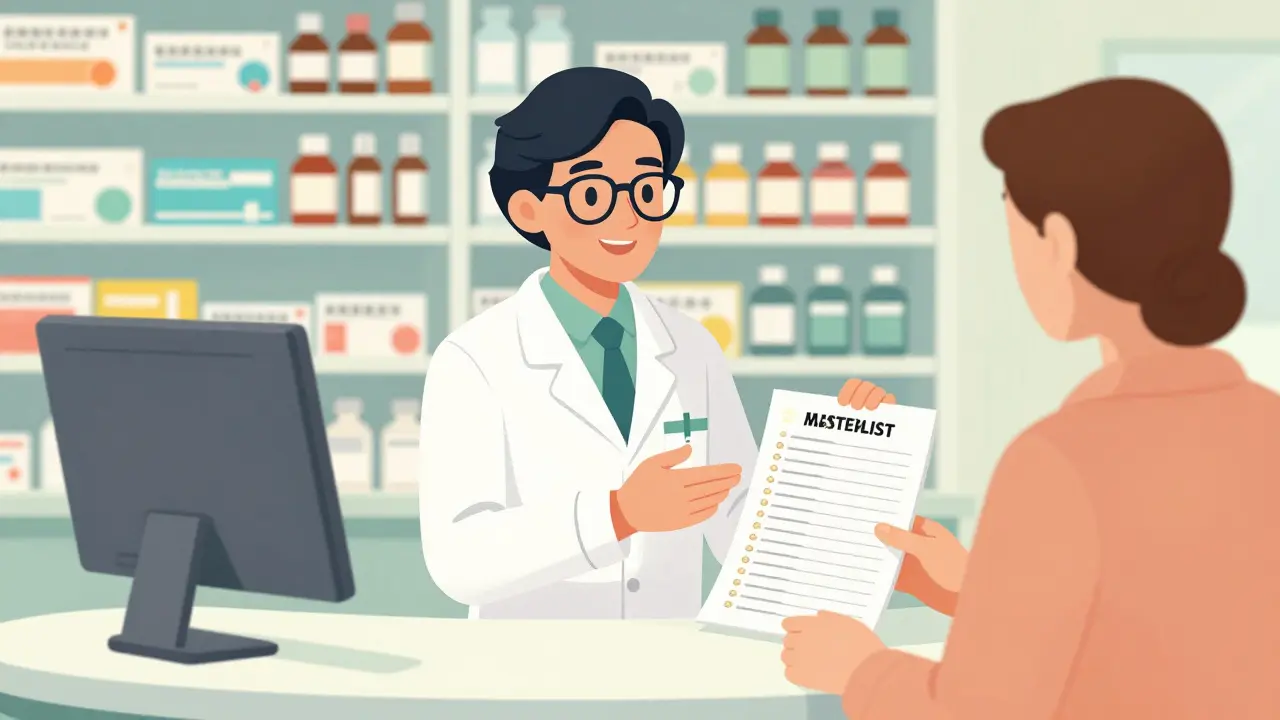 Patient and pharmacist discussing a medication list at a mid-century modern pharmacy counter.