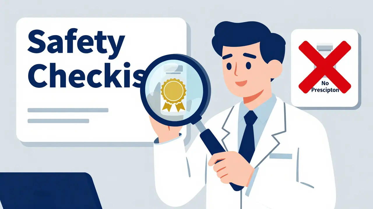 Pharmacist inspecting a medication bottle for safety and FDA approval in cartoon style