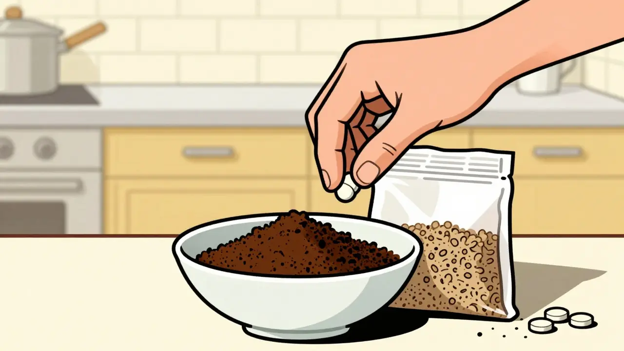 Pills being mixed with coffee grounds for safe disposal