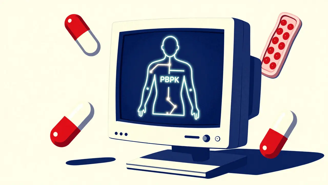 Retro computer screen displaying a mathematical drug movement model
