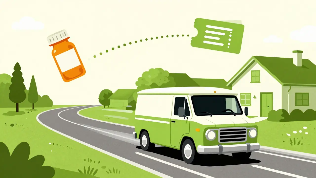 Stylized delivery van bringing prescription medication to a home in mid-century modern art