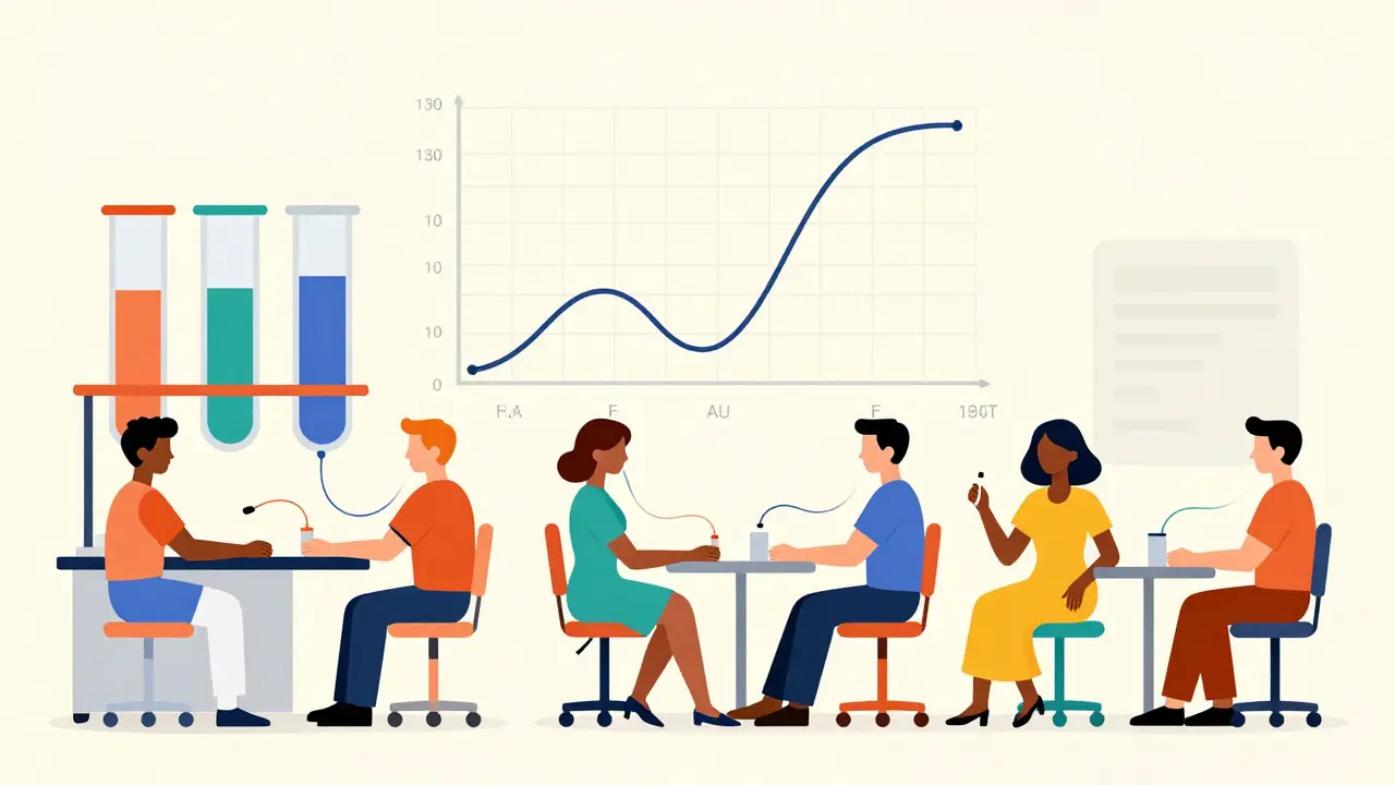 Volunteers in a mid-century lab participating in a bioequivalence study